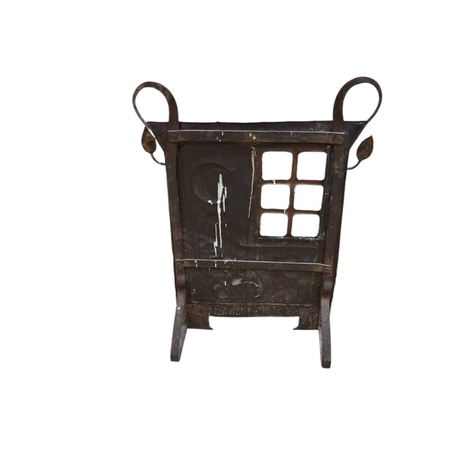 An Arts and Crafts hammered copper and wrought iron fire screen, 73cm. Condition - fair to good, lacking glass panel